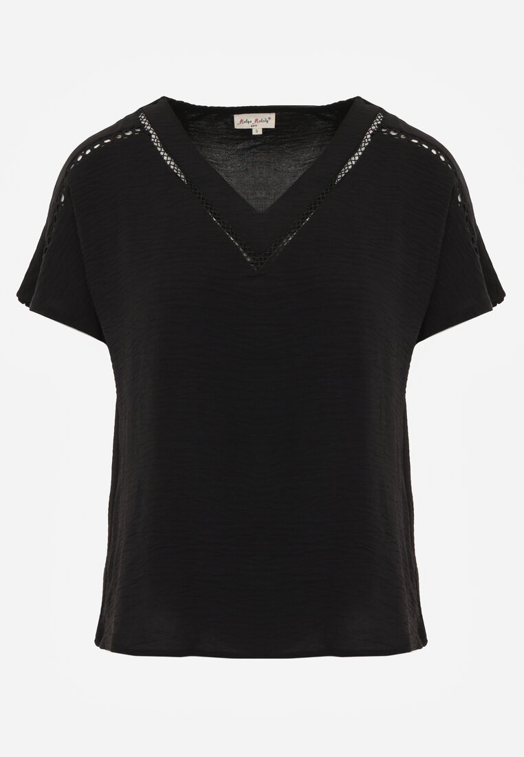 Bluză Neagră Extensibilă cu Mâneci Scurte și Benzi Ajurate Zaylor