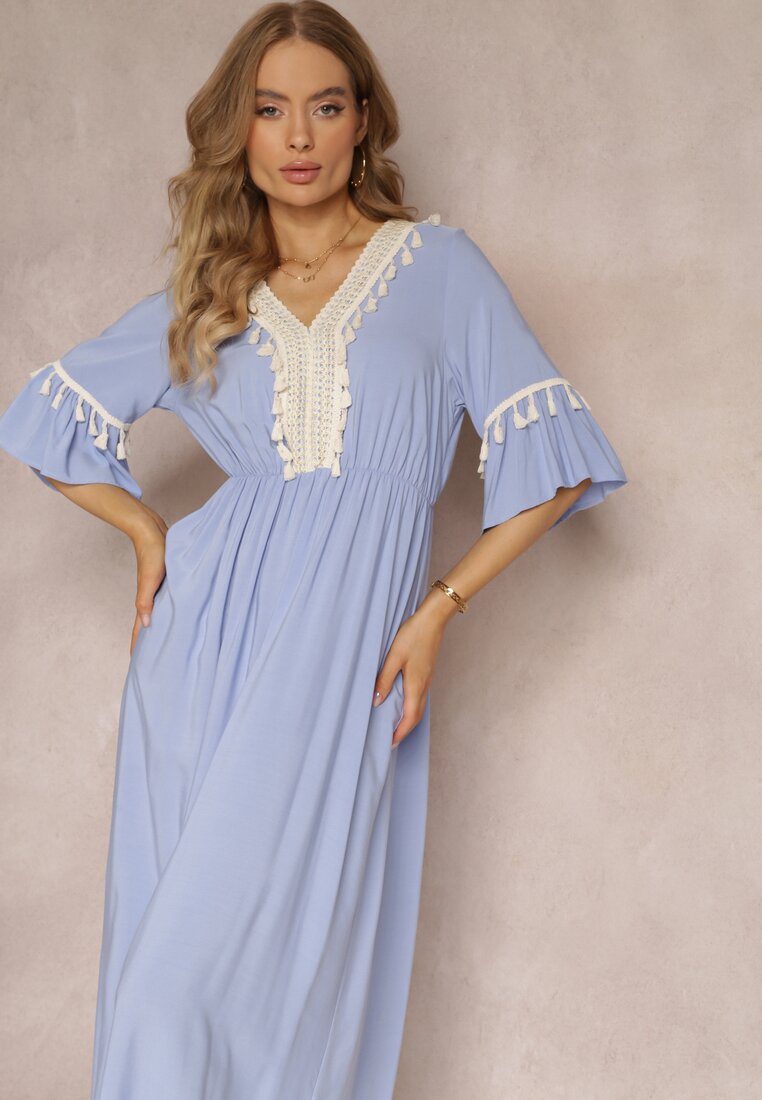 Niebieska Sukienka Maxi z Gumką w Talii z Ozdobnymi Chwostami z Wiskozy Zisel