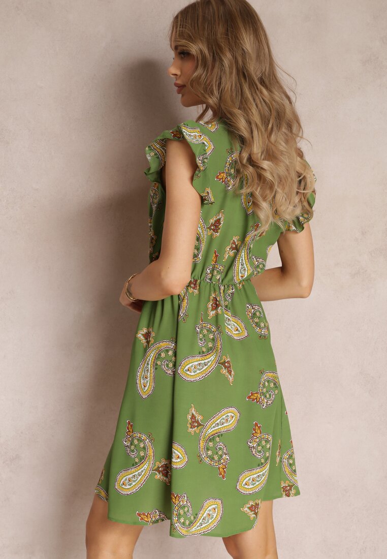 Zielona Rozkloszowana Sukienka Mini we Wzór Paisley Rachelli