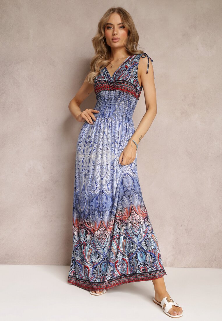 Niebieska Kopertowa Sukienka Maxi z Gumkami w Talii i Ściągaczami na Ramionach Hannele