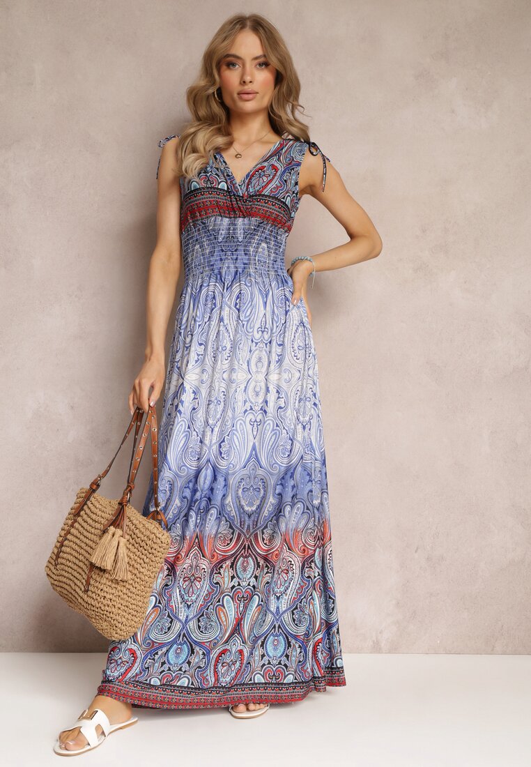 Niebieska Kopertowa Sukienka Maxi z Gumkami w Talii i Ściągaczami na Ramionach Hannele