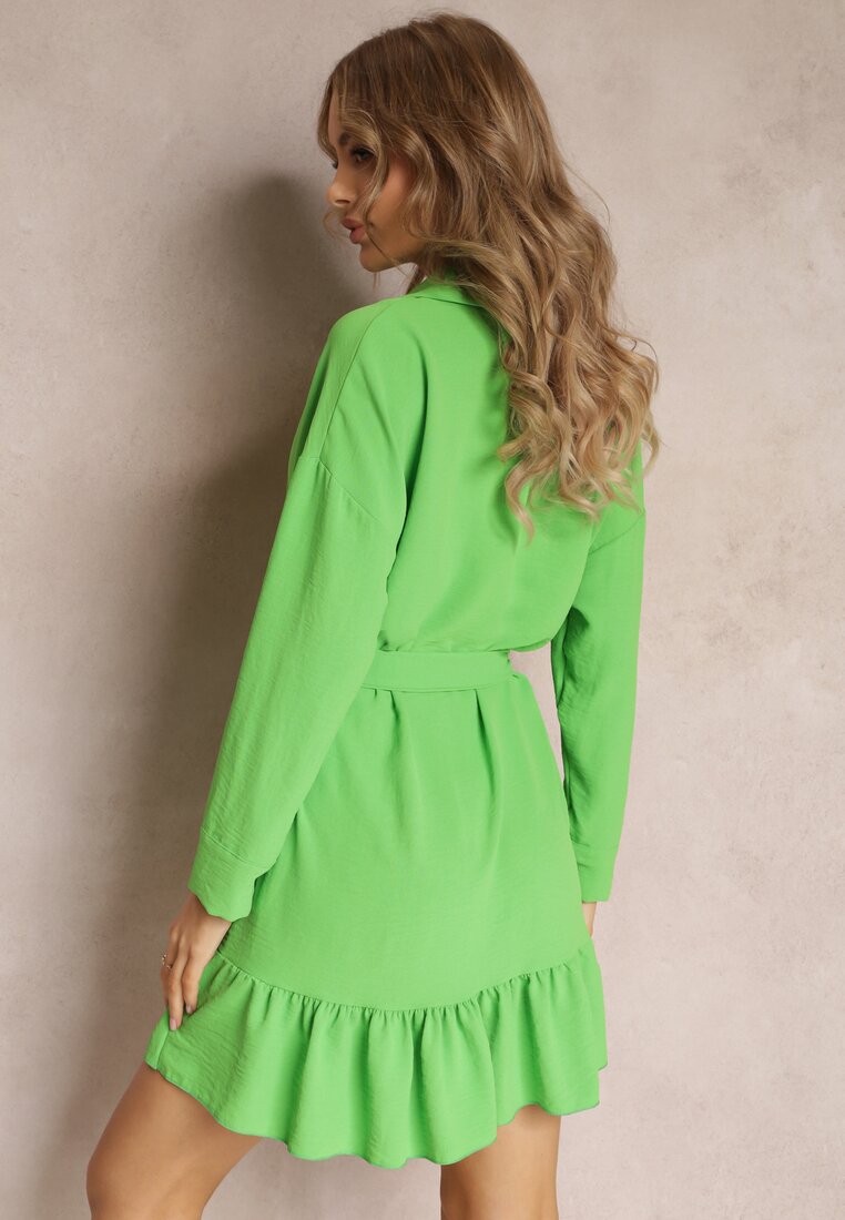Zielona Sukienka Koszulowa z Falbanką i Wiązanym Paskiem Neitra