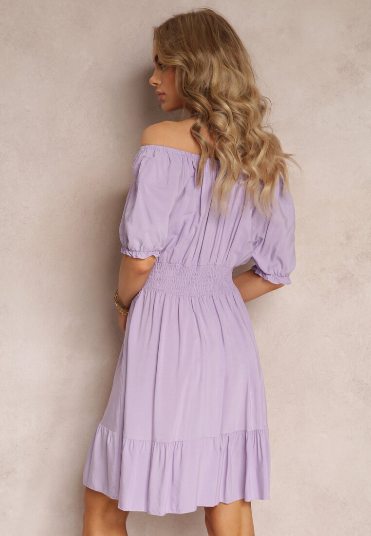 Rochie Violetă din Bumbac cu Umeri Descoperiți și Elastic în Talie Rosaliesta