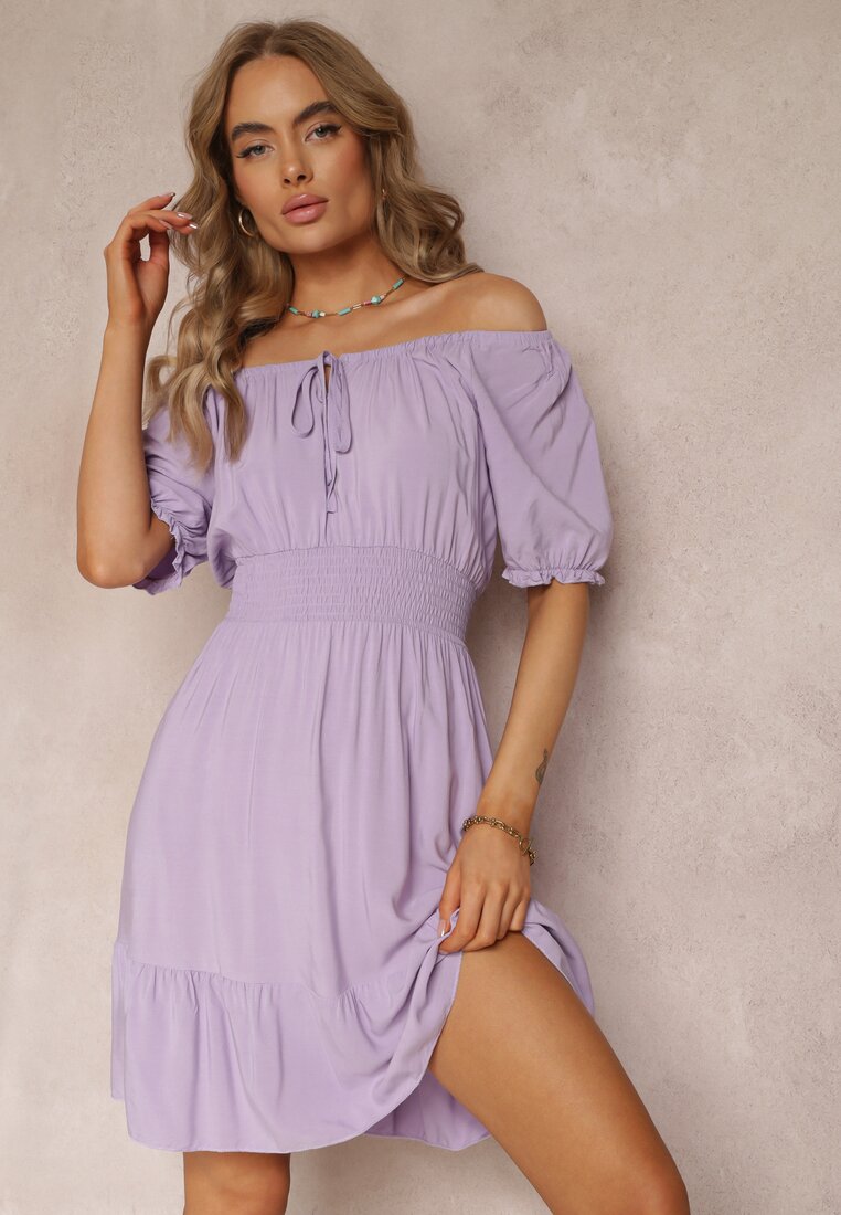 Rochie Violetă din Bumbac cu Umeri Descoperiți și Elastic în Talie Rosaliesta