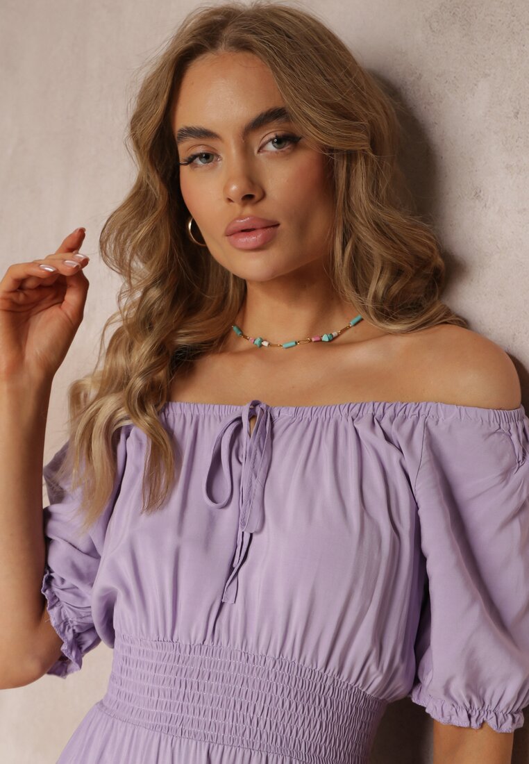Rochie Violetă din Bumbac cu Umeri Descoperiți și Elastic în Talie Rosaliesta