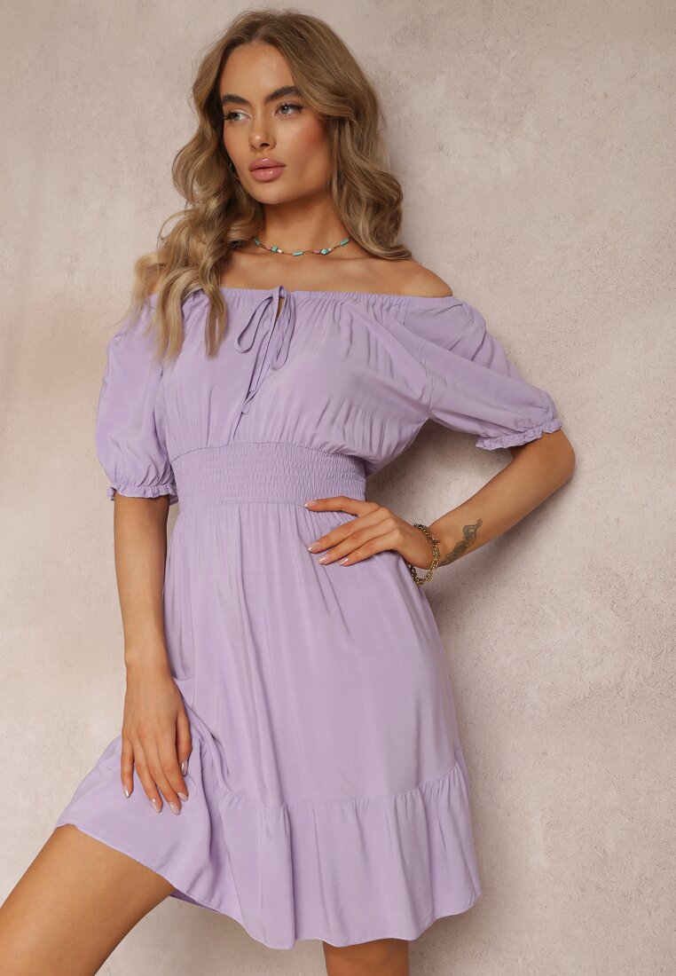 Rochie Violetă din Bumbac cu Umeri Descoperiți și Elastic în Talie Rosaliesta