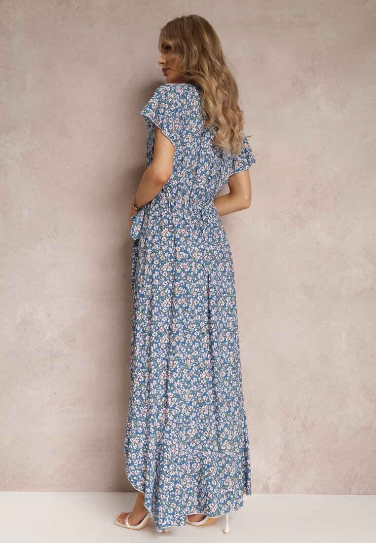 Niebieska Bawełniana Sukienka Maxi z Kopertowym Dekoltem i Gumką w Talii w Kwiaty Makenne