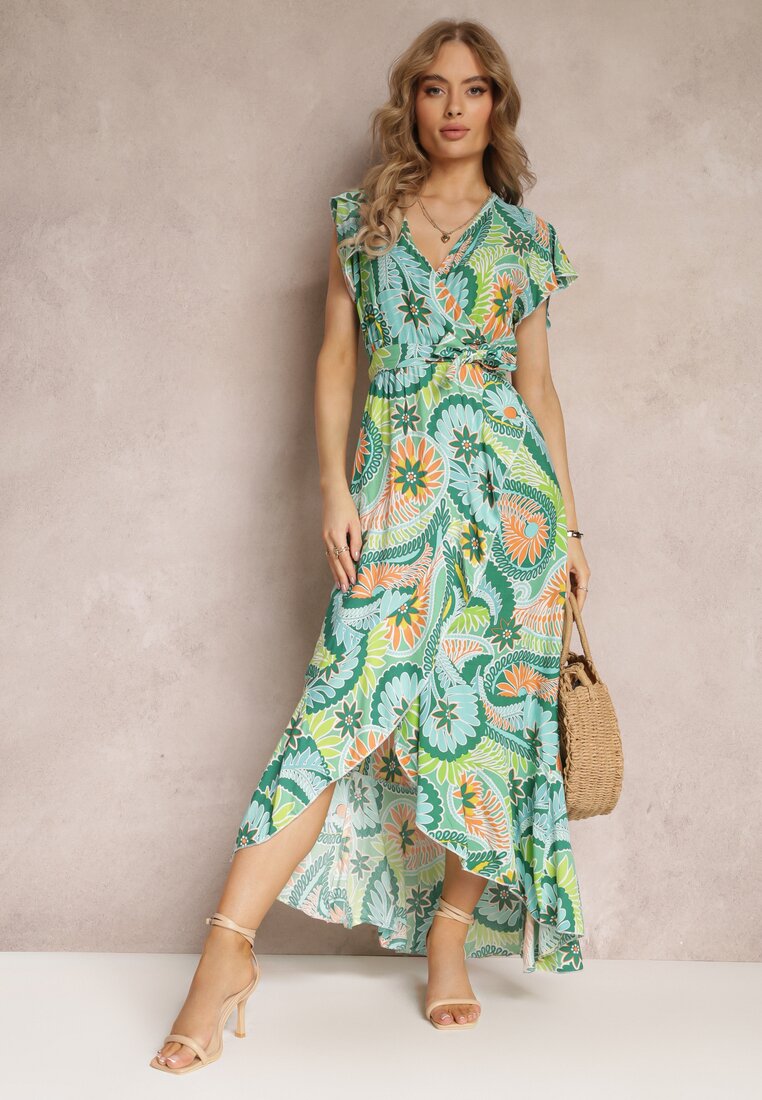 Rochie maxi verde tip creion cu curea din material și elastic în talie din bumbac Alyn