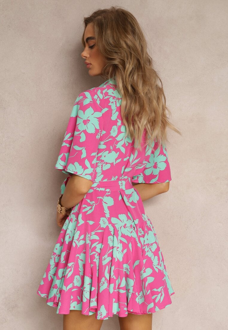 Różowo-Zielona Kwiecista Sukienka Mini w Koszulowym Stylu Tillsenta