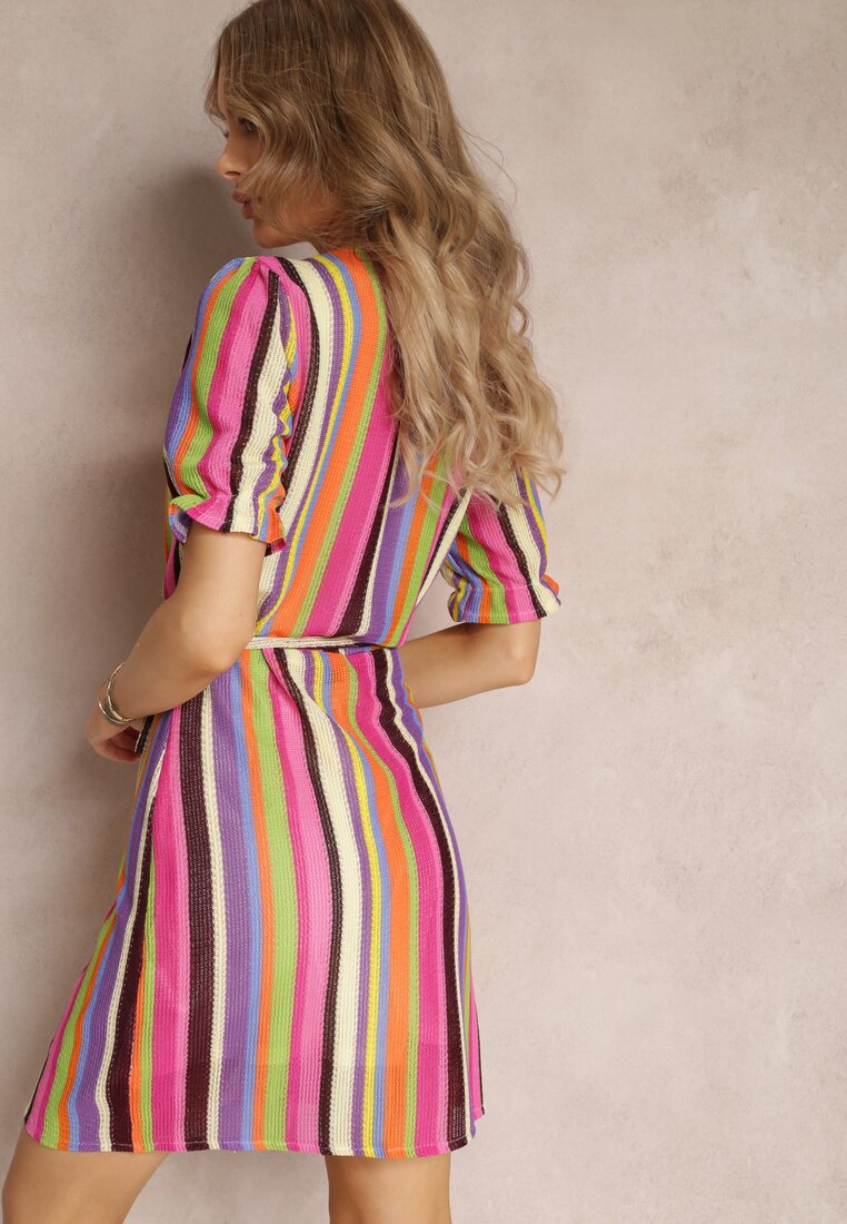 Rochie fucsia înfășurată în dungi colorate Yasumi