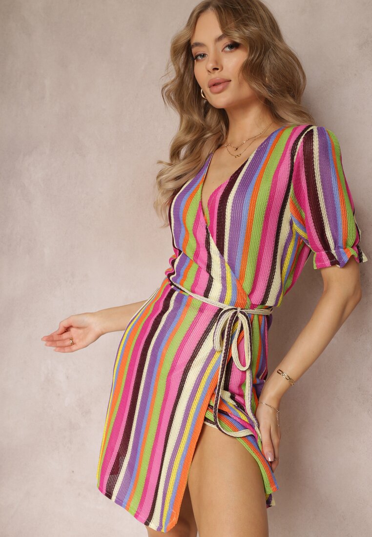 Rochie fucsia înfășurată în dungi colorate Yasumi