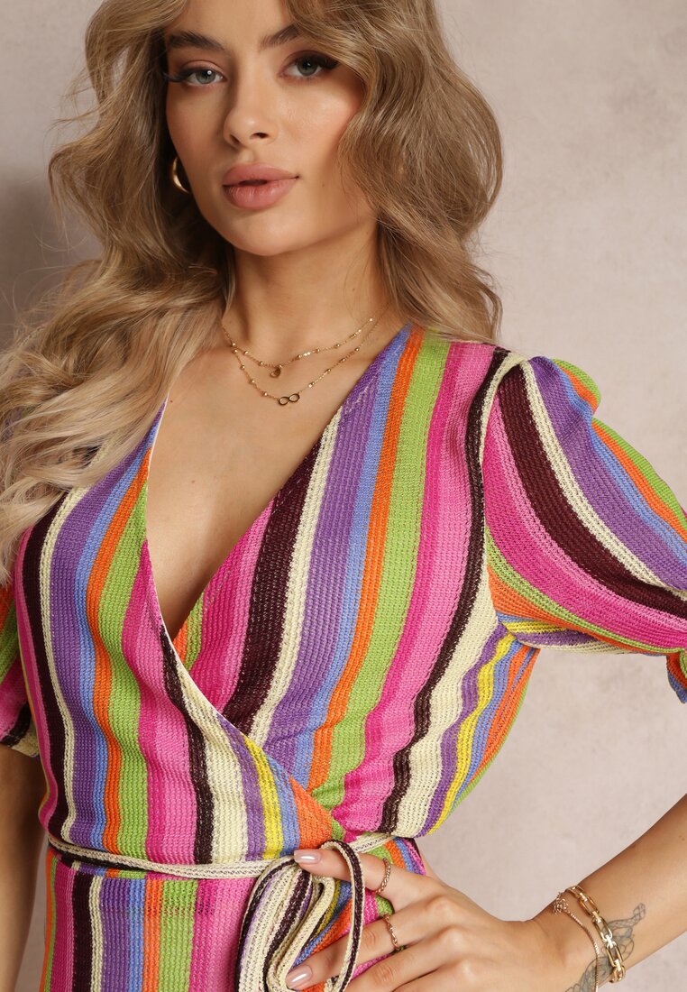 Rochie fucsia înfășurată în dungi colorate Yasumi