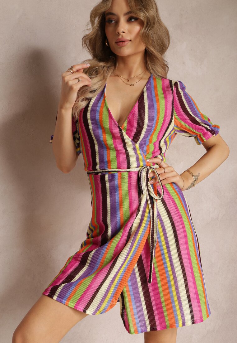 Rochie fucsia înfășurată în dungi colorate Yasumi