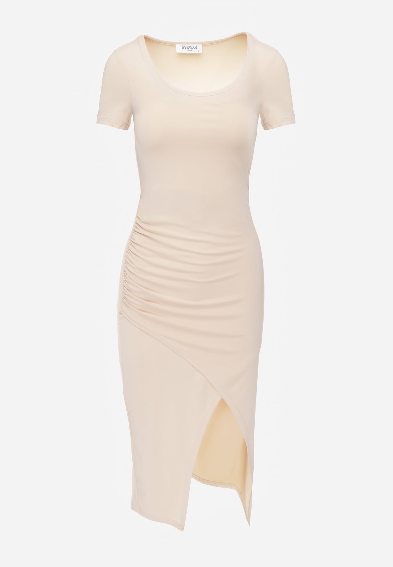 Rochie midi bej cu decolteu pătrat și drapaje Charloti