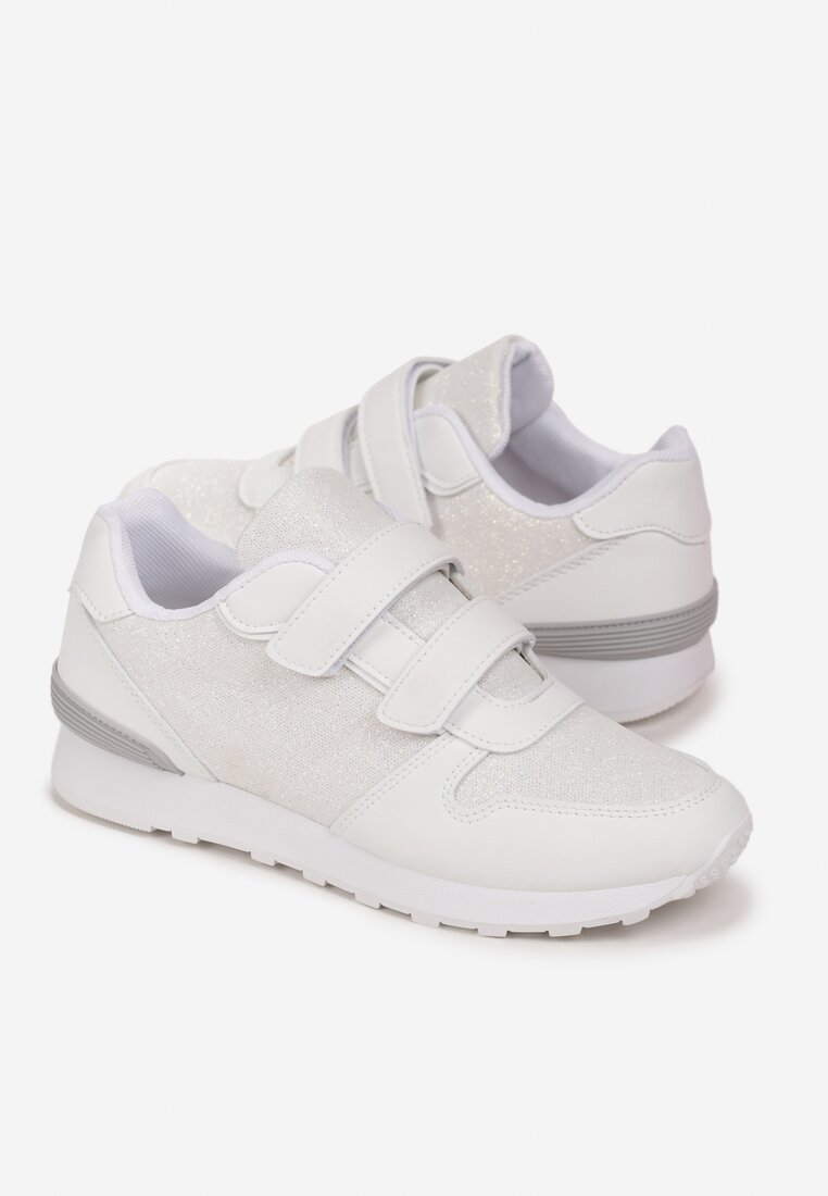 Białe Sneakersy Brokatowe na Rzepy i Grubej Podeszwie Nadiatia
