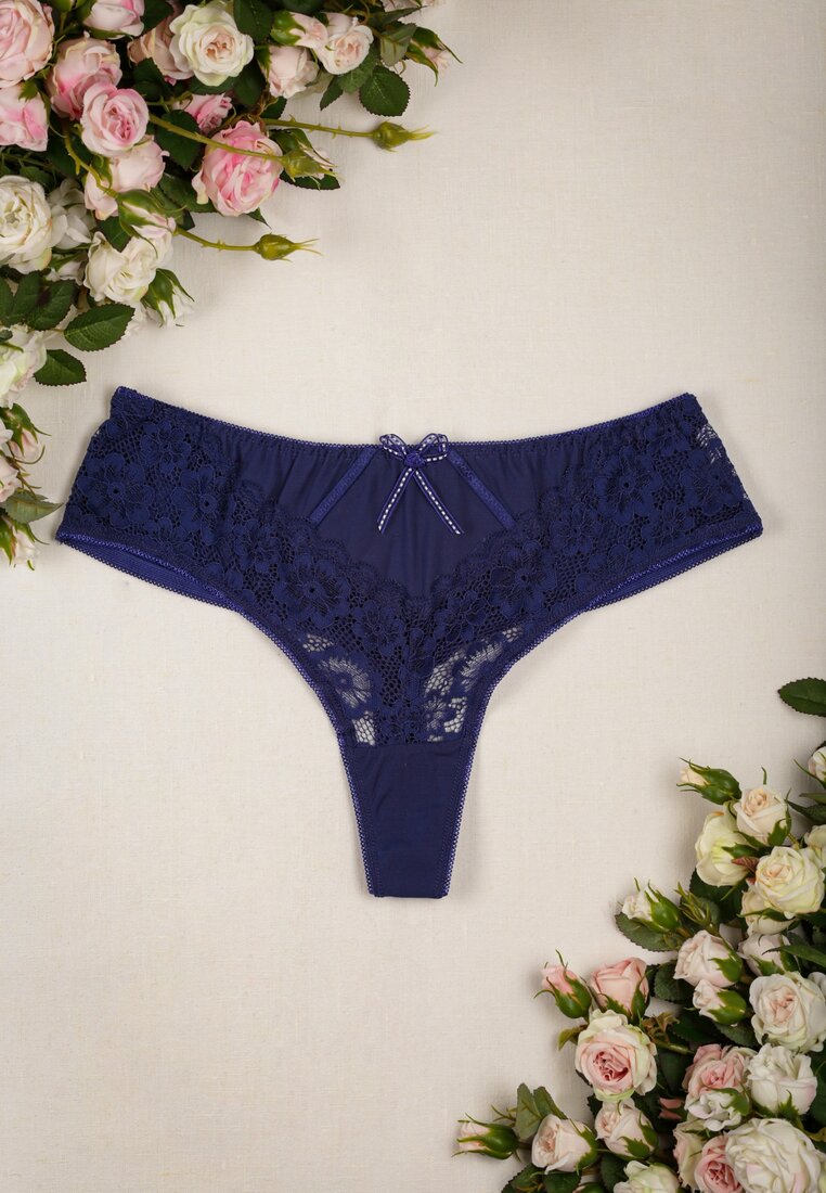 Granatowe Majtki o Fasonie Stringów z Subtelną Koronką Tihan