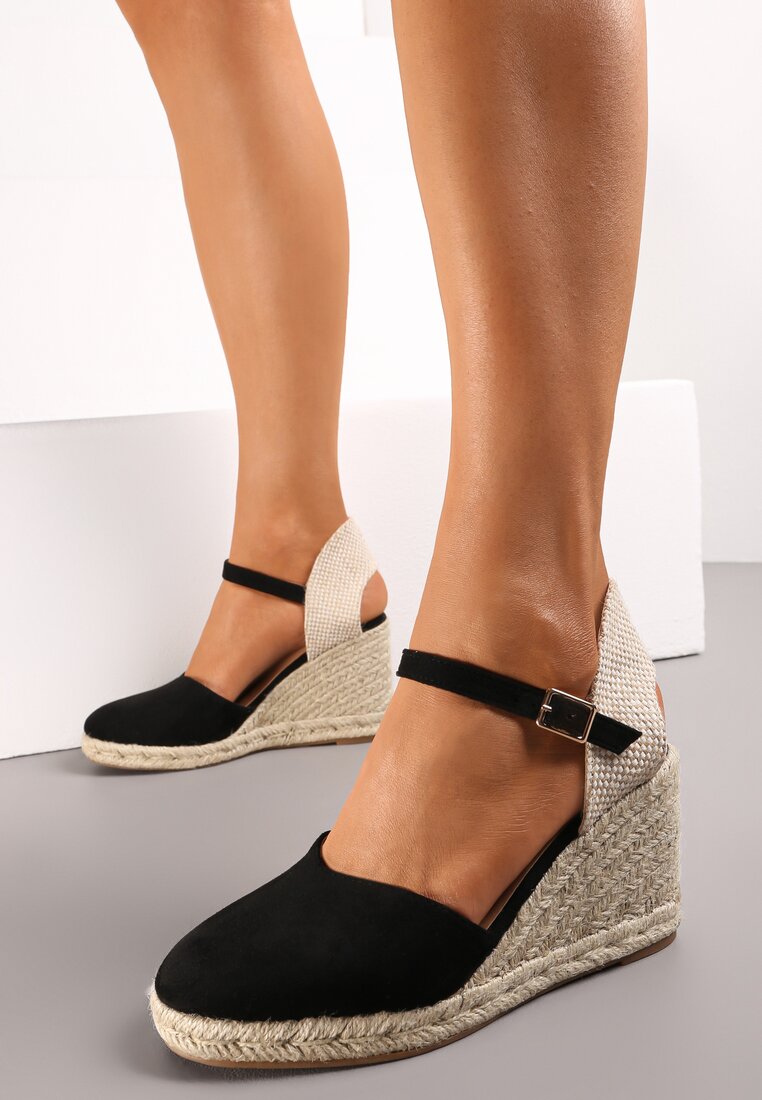 Sandale Negre Espadrile pe Platformă cu Împletitură Anaplia