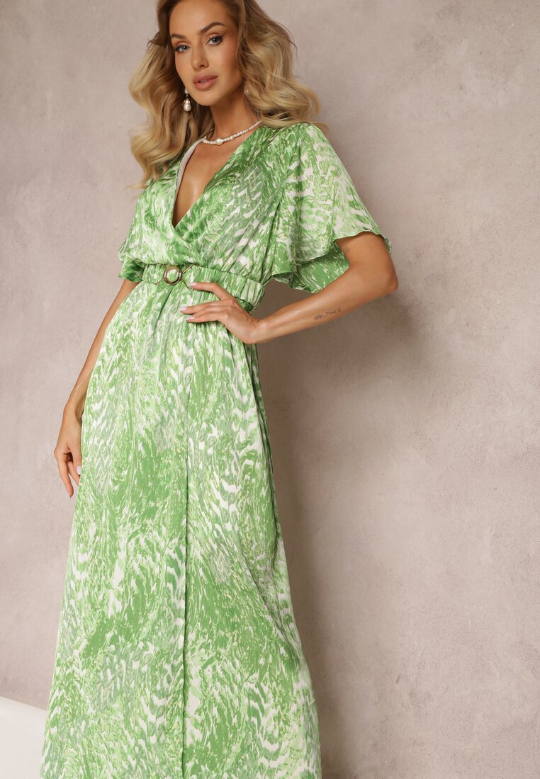 Zielona Sukienka Maxi z Kopertowym Dekoltem i Gumką w Pasie Viadu