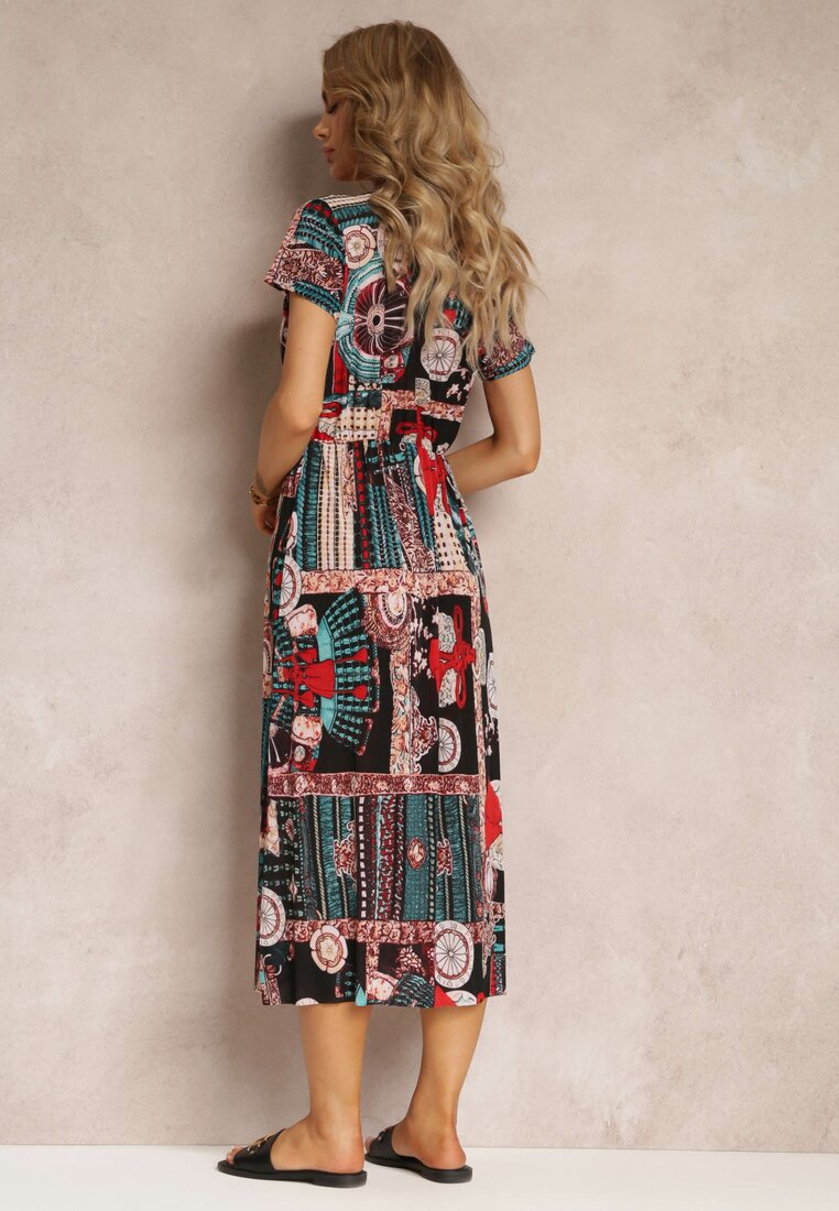 Rochie midi clopot neagră și roșie cu elastic în talie și mâneci scurte Tynesa