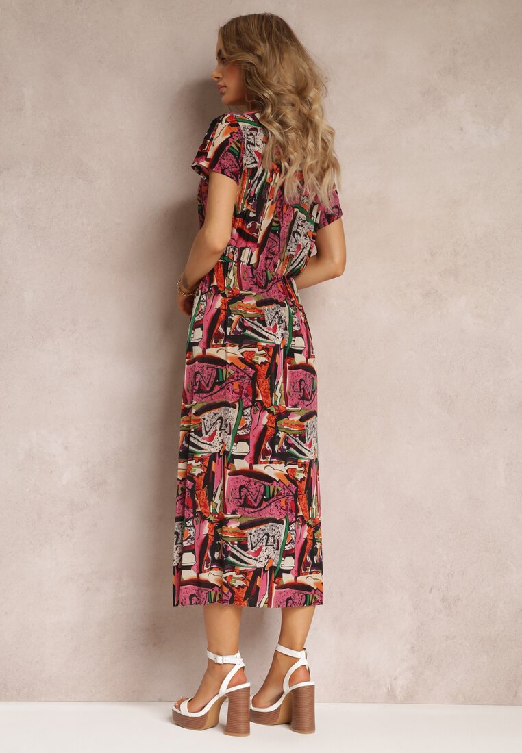 Rochie roz-roșie evazată midi cu elastic în talie și mâneci scurte Tynesa