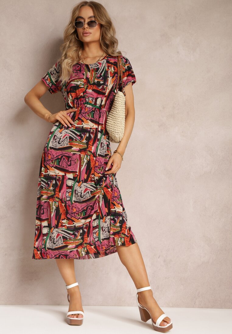 Rochie roz-roșie evazată midi cu elastic în talie și mâneci scurte Tynesa