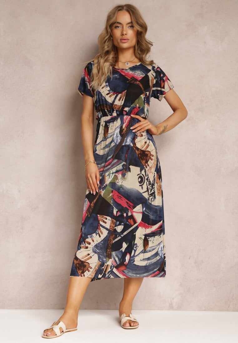 Granatowa Rozkloszowana Sukienka Midi z Gumką w Talii i Krótkimi Rękawami Tynesa