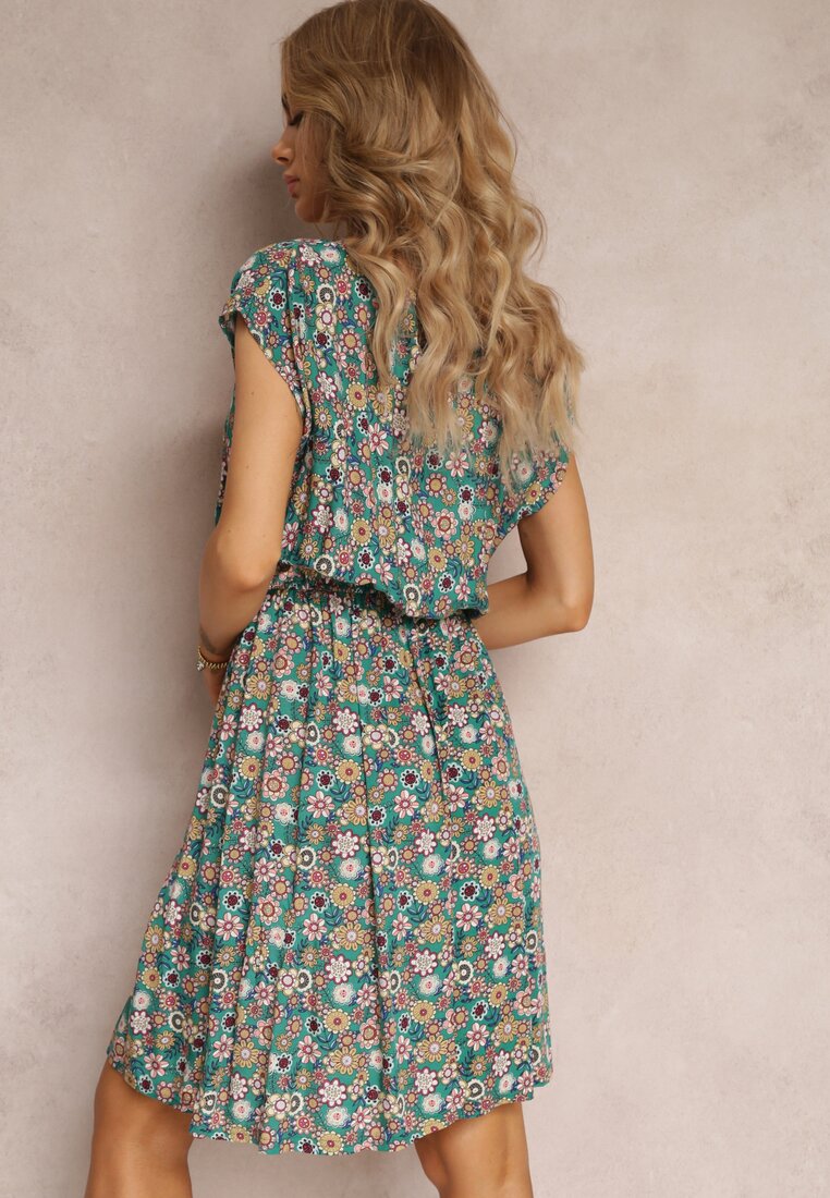 Rochie mini verde din viscoză cu elastic în talie cu flori Holtis