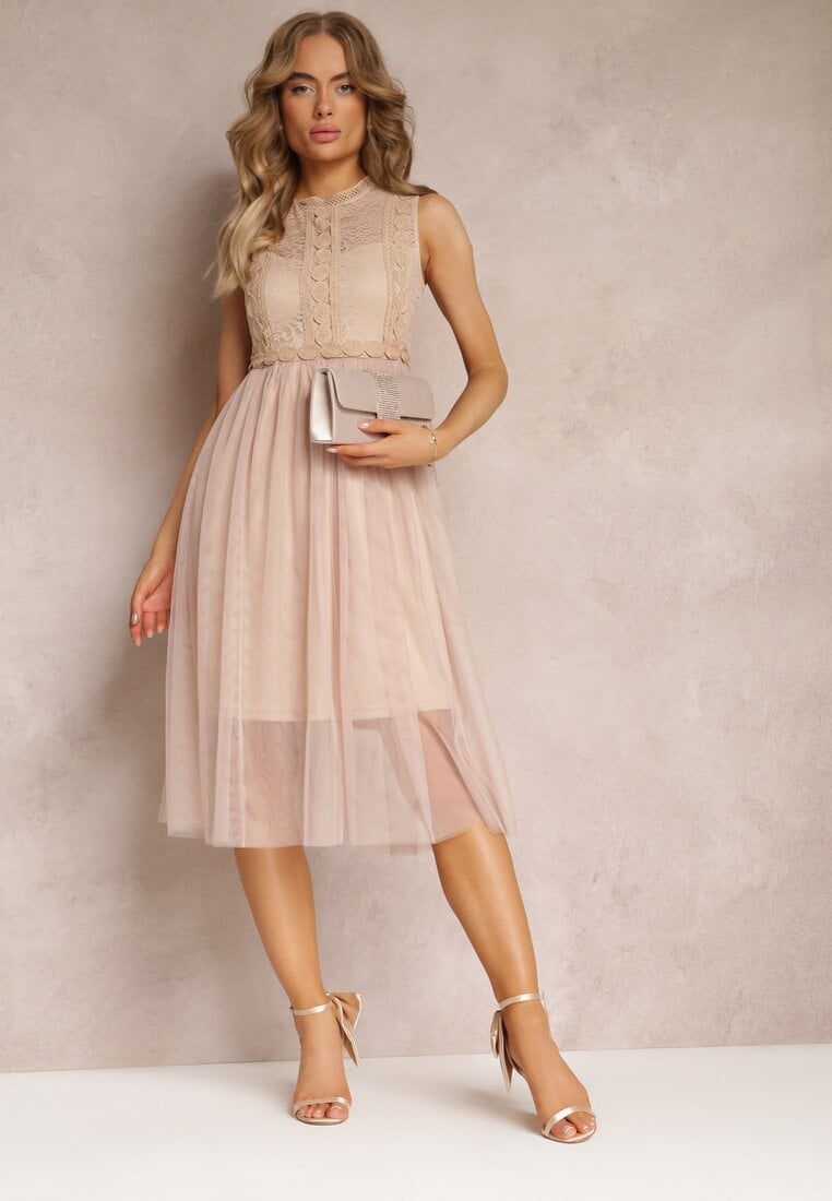 Rochie de Cocktail Midi Bej Deschis cu Dantelă în Partea de Sus și Tul în Partea de Jos Nebulia