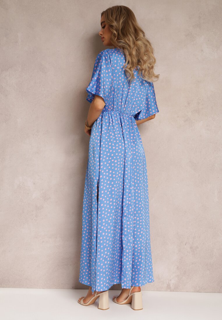 Niebieska Rozkloszowana Sukienka Maxi w Kropki z Głębokim Dekoltem Sallo