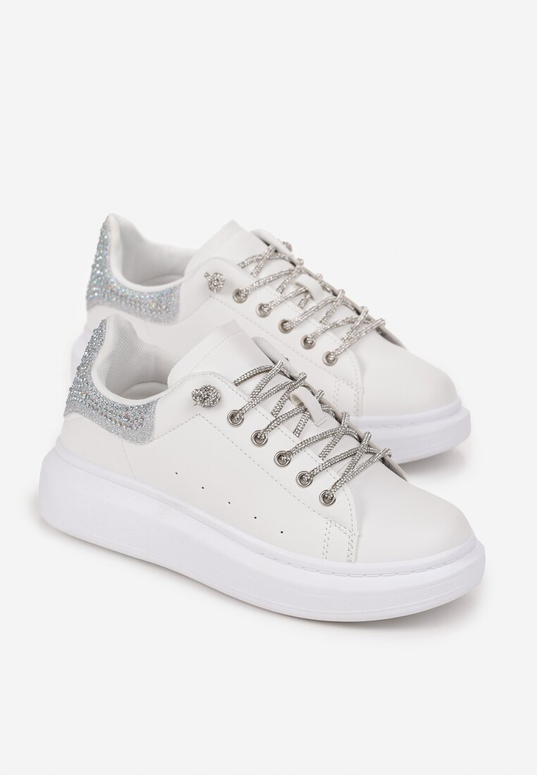 Srebrne Sneakersy z Cyrkoniami na Sznurowadłach i Zapiętku Reville