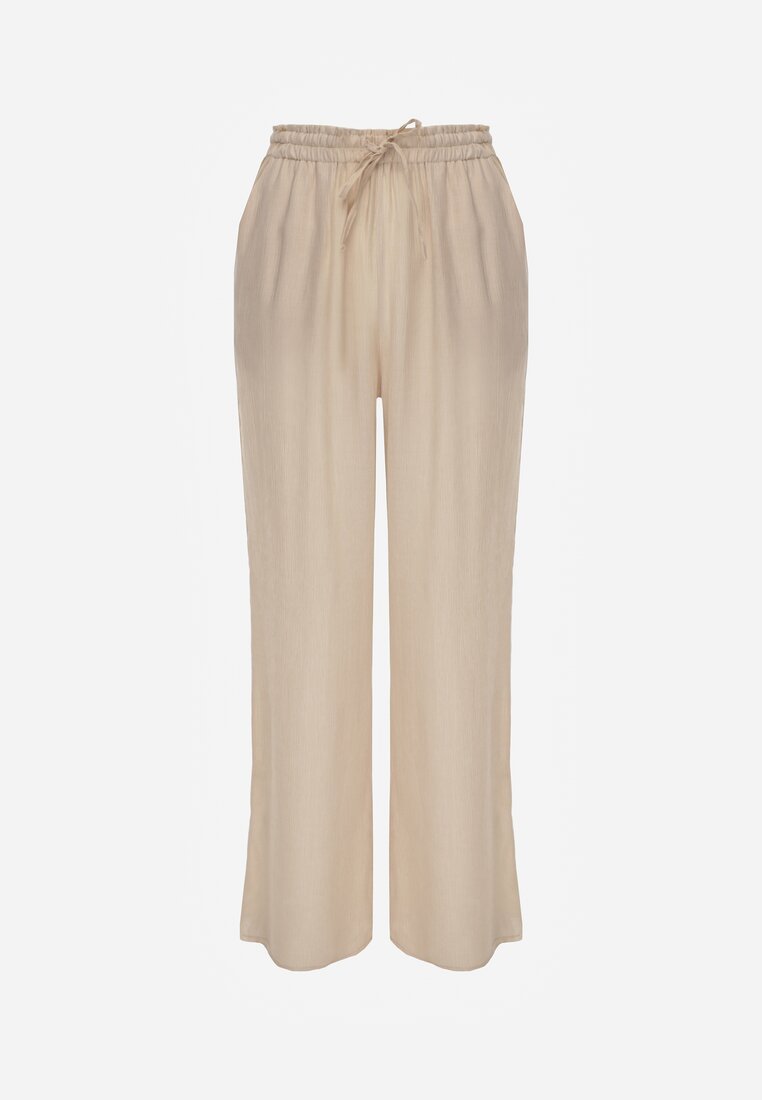 Pantaloni largi bej din viscoză cu elastic în talie Abyga