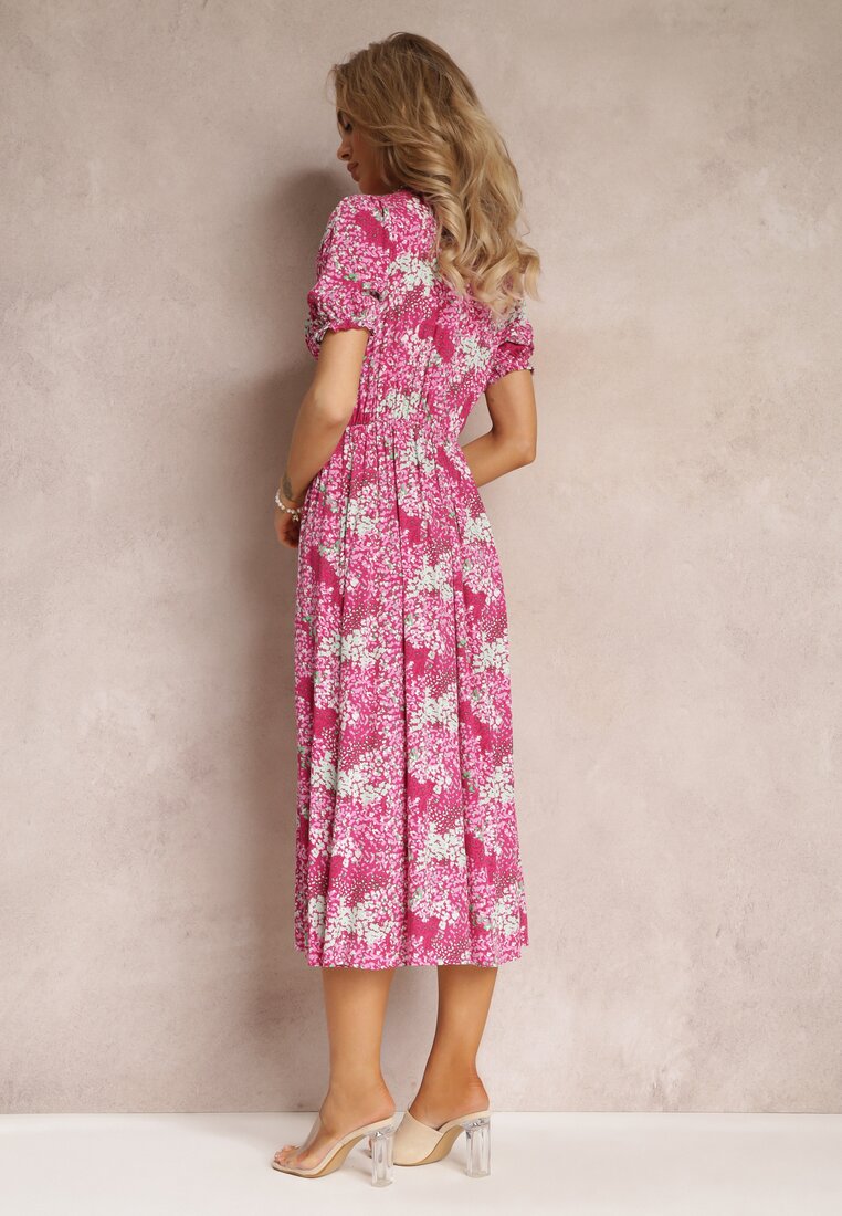 Rochie midi fuchsia din viscoză cu mâneci scurte și decolteu adânc Emsle