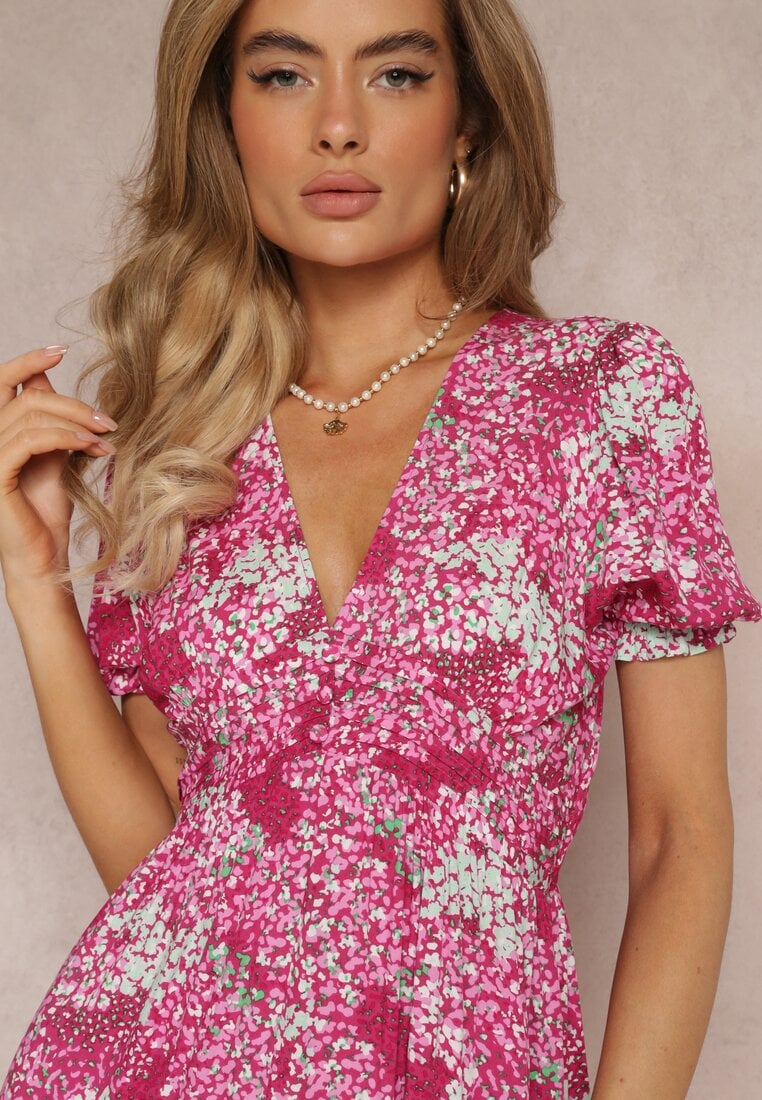 Rochie midi fuchsia din viscoză cu mâneci scurte și decolteu adânc Emsle