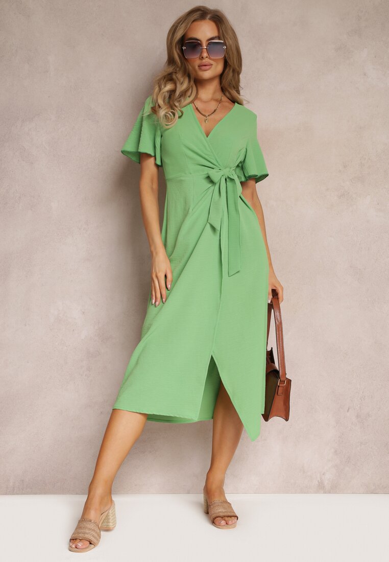 Rochie verde midi cu decolteu petrecut și mâneci scurte Talya