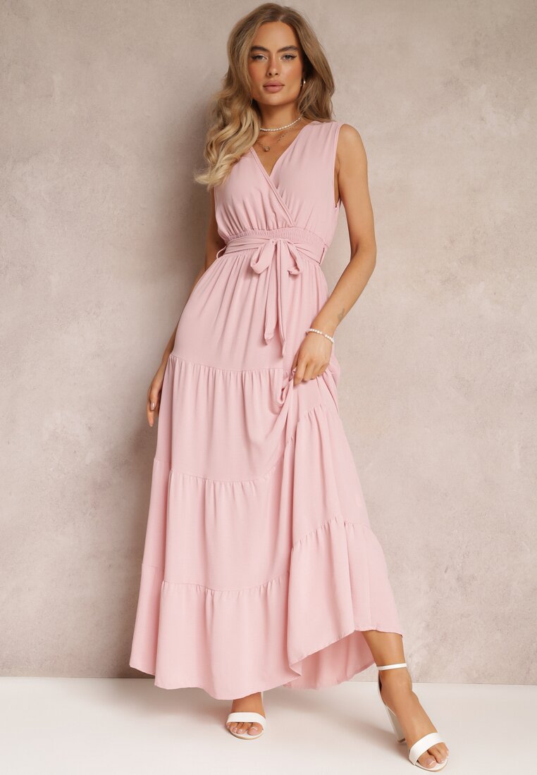 Różowa Kopertowa Sukienka Maxi z Gumką w Talii i Materiałowym Paskiem Leansa