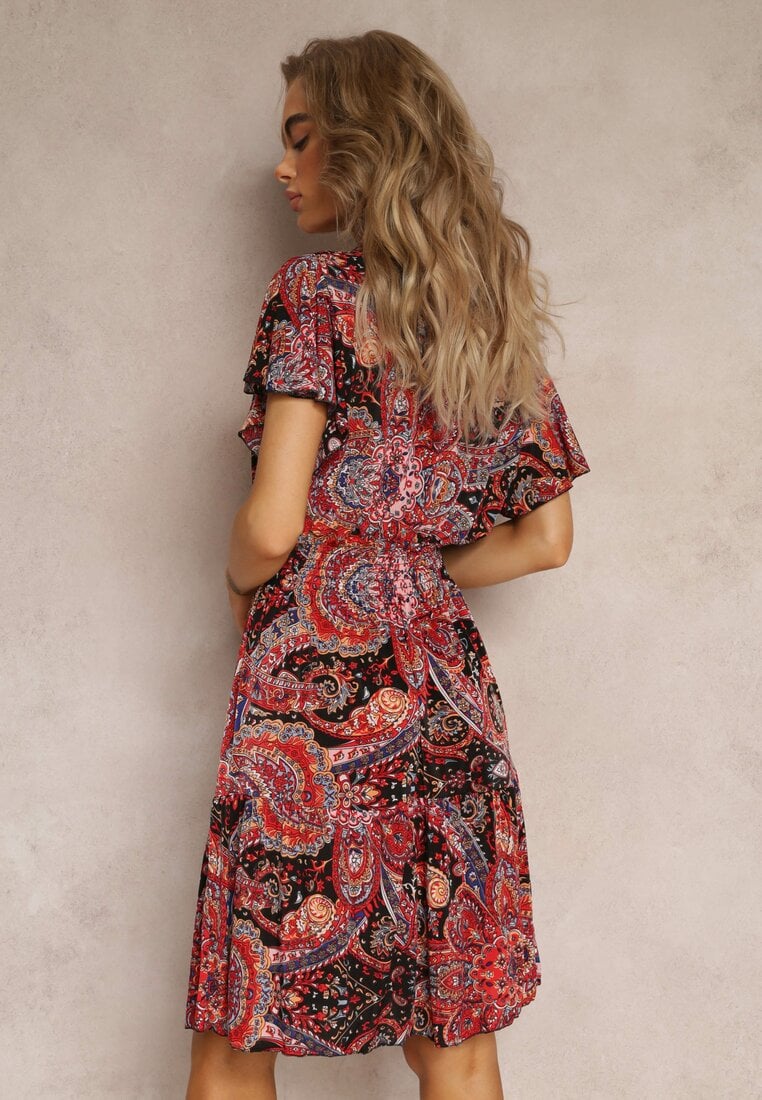 Rochie Mini Roșu-Negru cu Decolteu Încrucișat și Elastic în Talie cu Imprimeu Floral Caladin