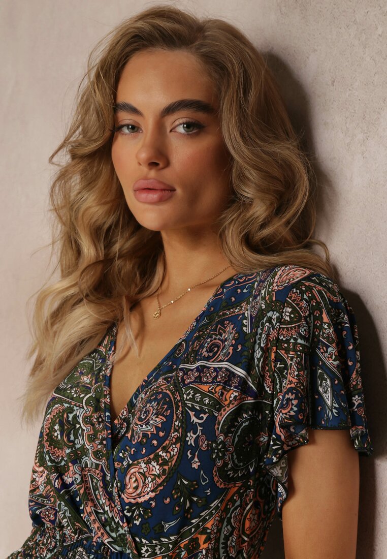 Rochie mini bleumarin cu decolteu petrecut și elastic în talie cu imprimeu floral Caladin