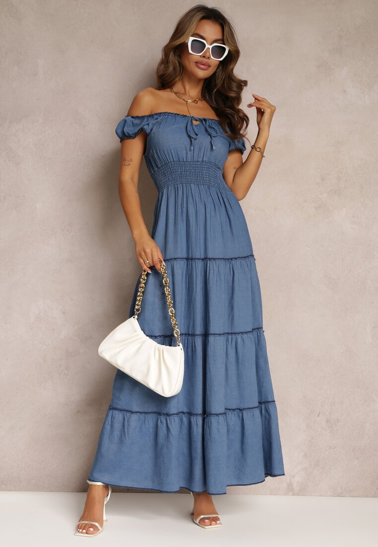 Niebieska Sukienka Hiszpanka Maxi z Falbankami Kaniah