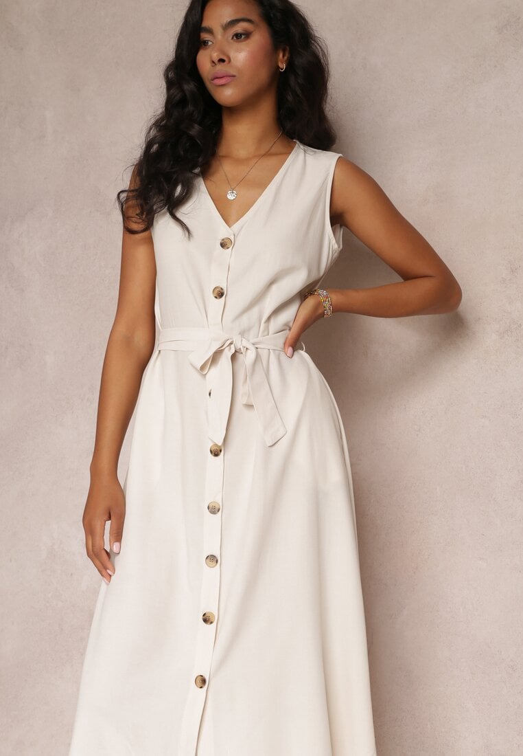 Rochie bej trapezoidală midi fără mâneci cu curea Ajana