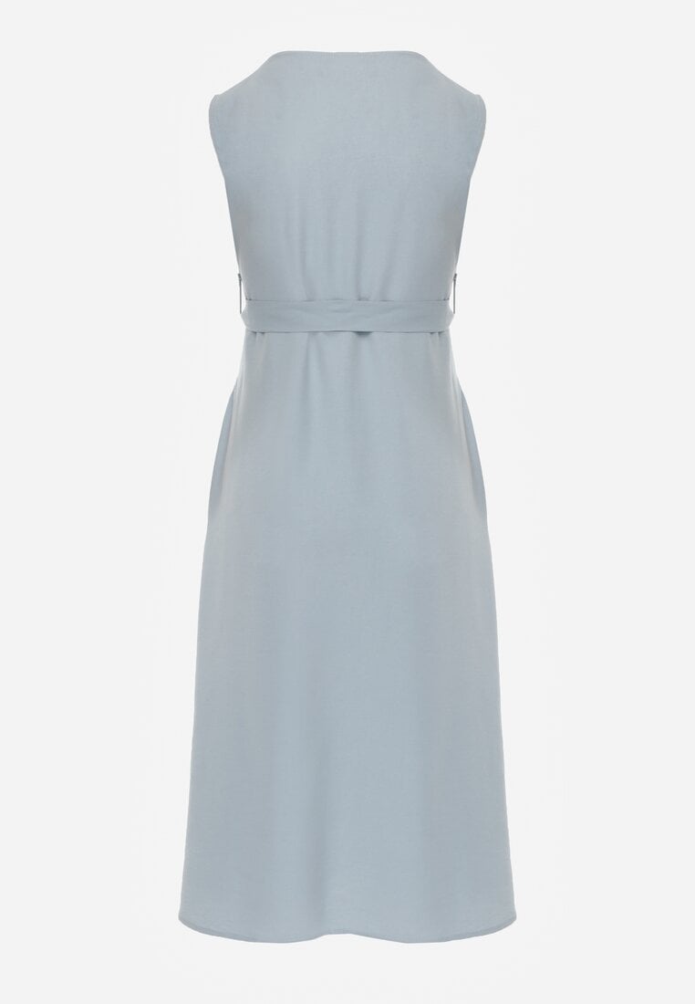 Jasnoniebieska Trapezowa Sukienka Midi bez Rękawów z Wiązanym Paskiem Ajana