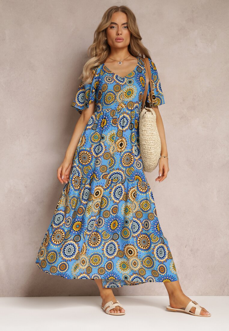 Niebieska Wiskozowa Sukienka Maxi w Kwiaty z Rozkloszowanym Dołem i Falbanką Pathna