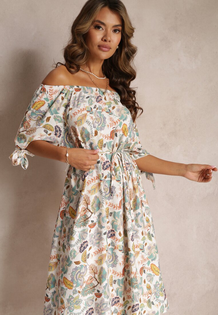Rochie midi din viscoză bej-verde cu decolteu spaniol și mâneci decorative Ahnesa
