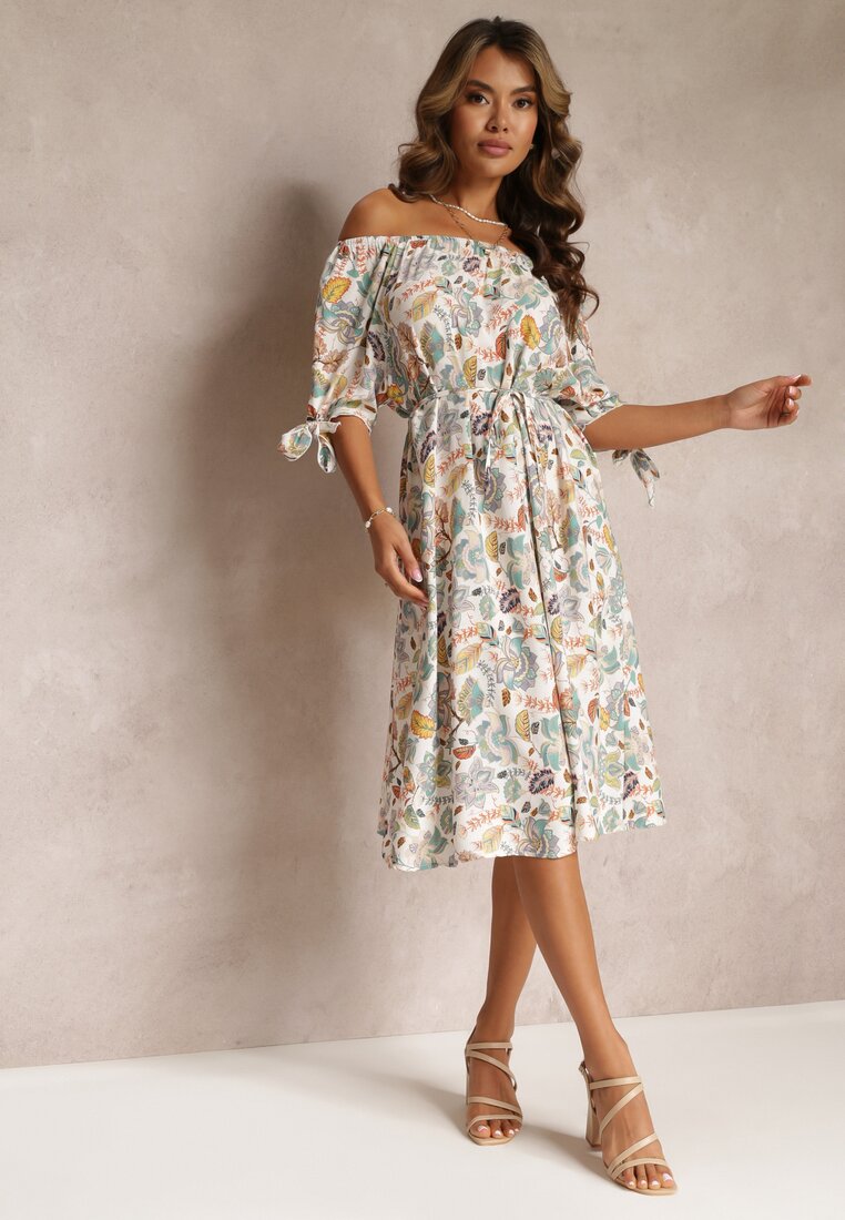 Rochie midi din viscoză bej-verde cu decolteu spaniol și mâneci decorative Ahnesa