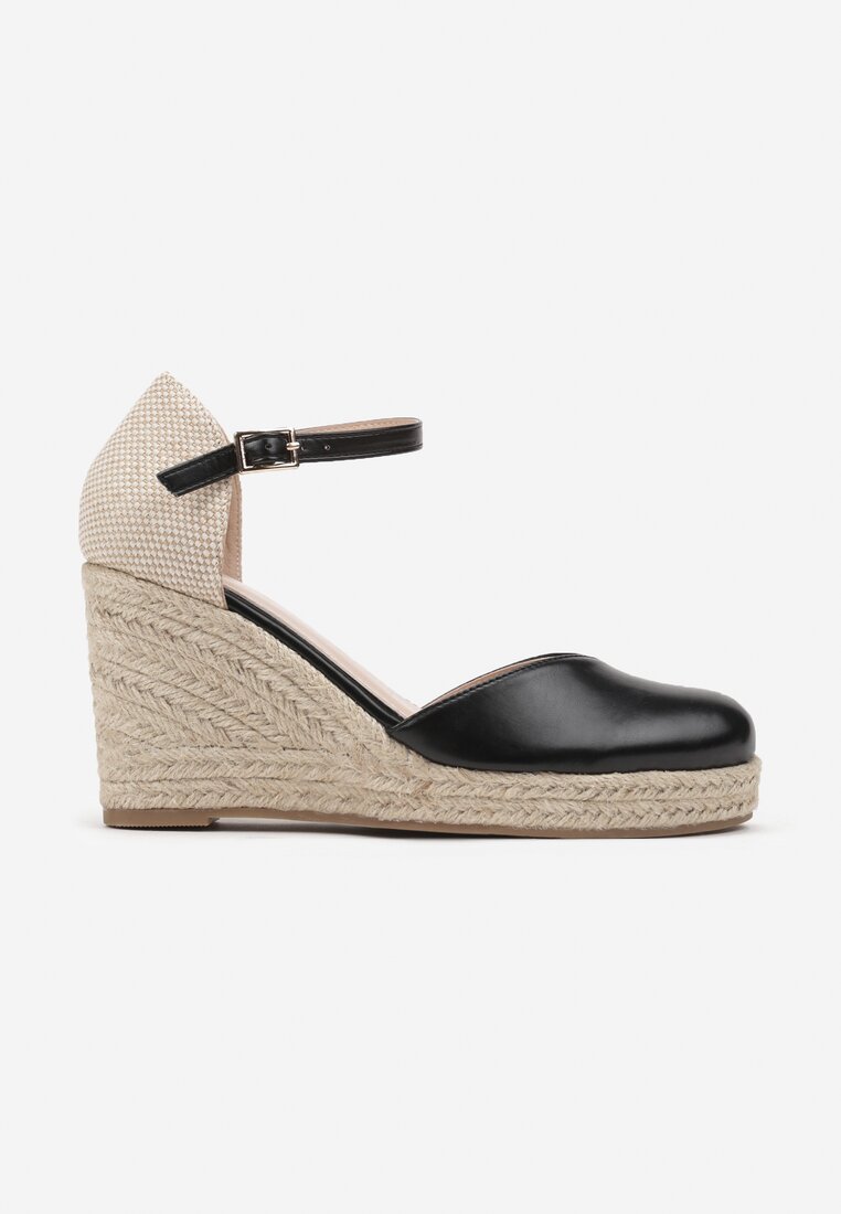 Czarne Sandały w Stylu Espadryli na Koturnie z Juty Nadolla
