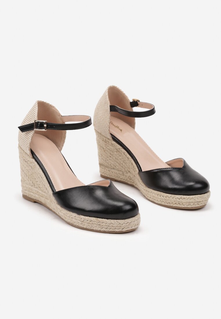Czarne Sandały w Stylu Espadryli na Koturnie z Juty Nadolla