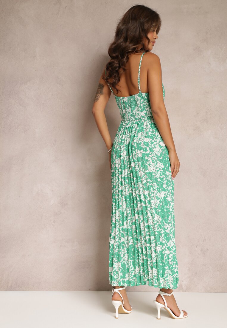 Zielona Rozkloszowana Sukienka Maxi z Plisowanym Dołem i Gumką w Talii Asali
