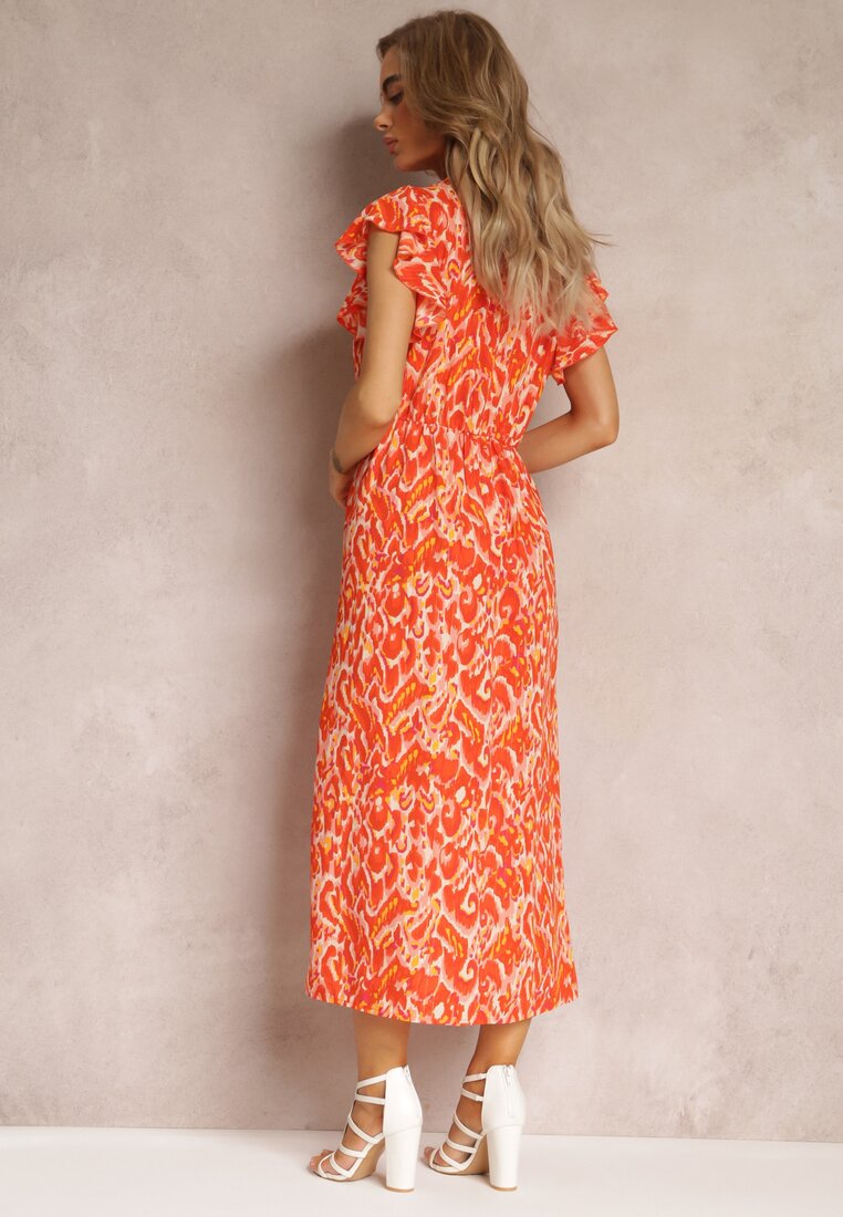 Pomarańczowa Rozkloszowana Sukienka Maxi z Kopertowym Dekoltem i Gumką w Pasie Yllia