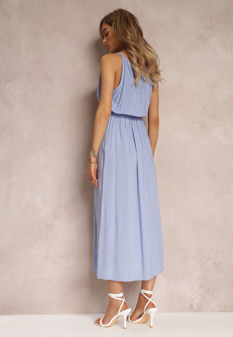 Rochie din viscoză bleu cu elastic în talie cu bretele Suzias