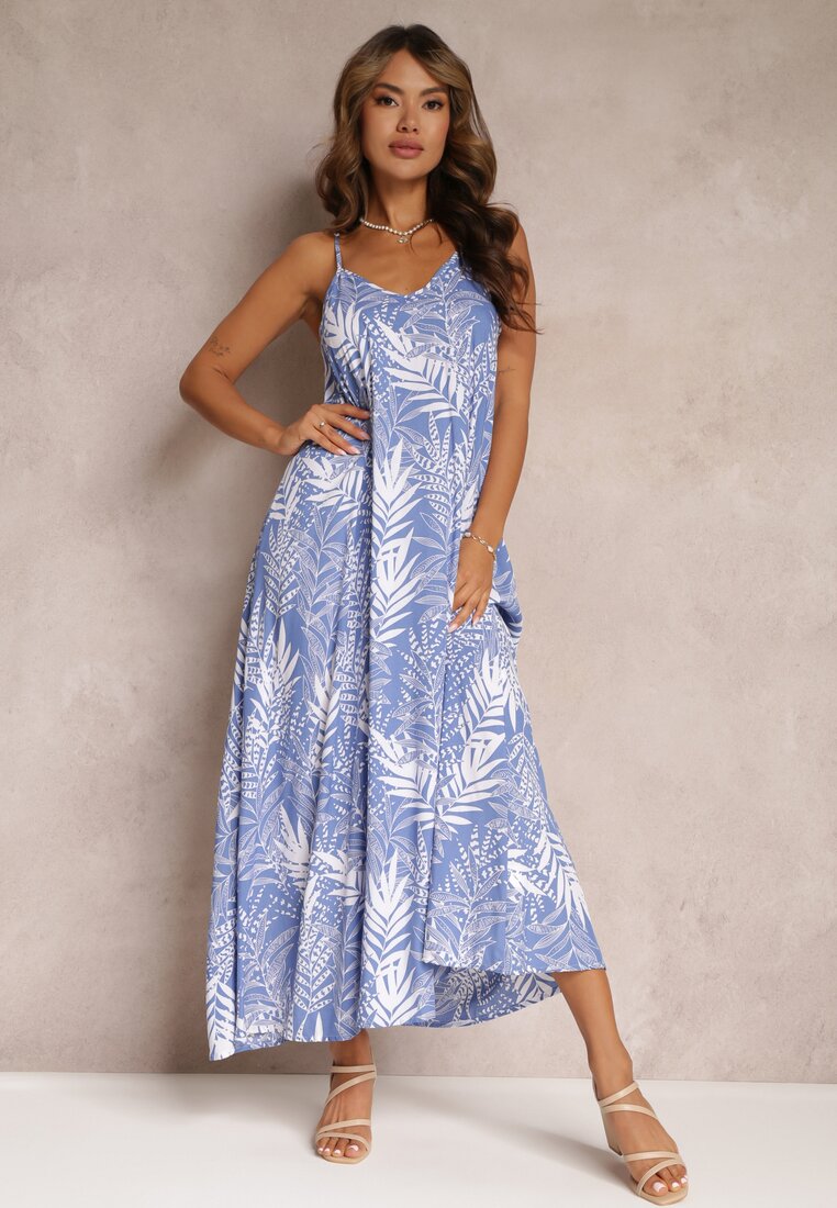 Niebieska Rozkloszowana Sukienka Maxi na Ramiączkach Dris