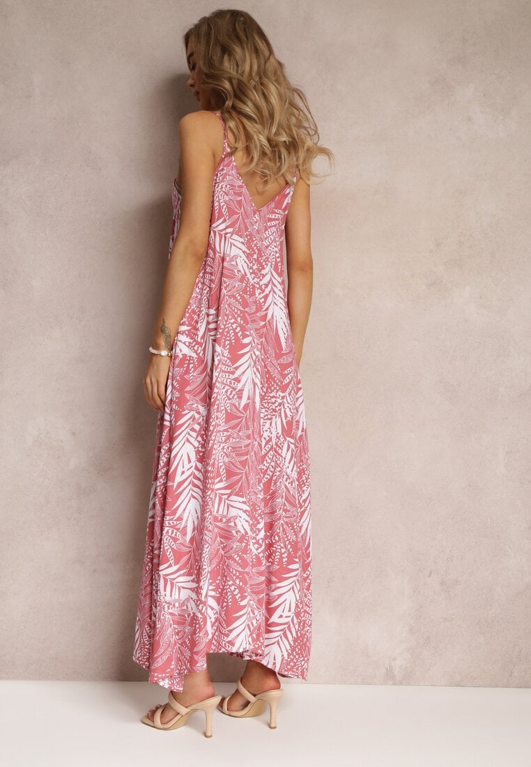 Różowa Rozkloszowana Sukienka Maxi na Ramiączkach Dris